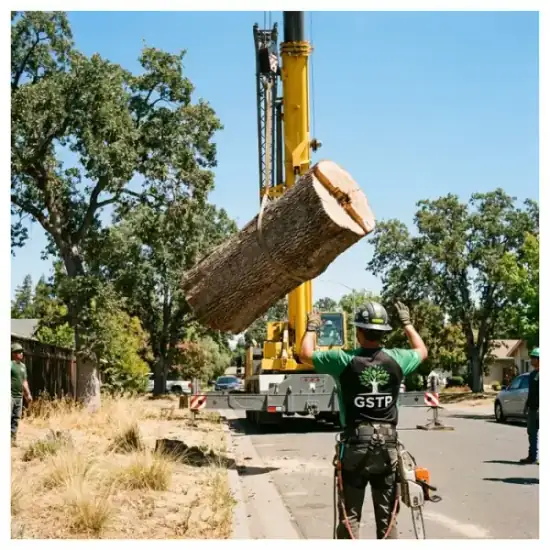 Crane lowering a tree section during a Honolulu removal
